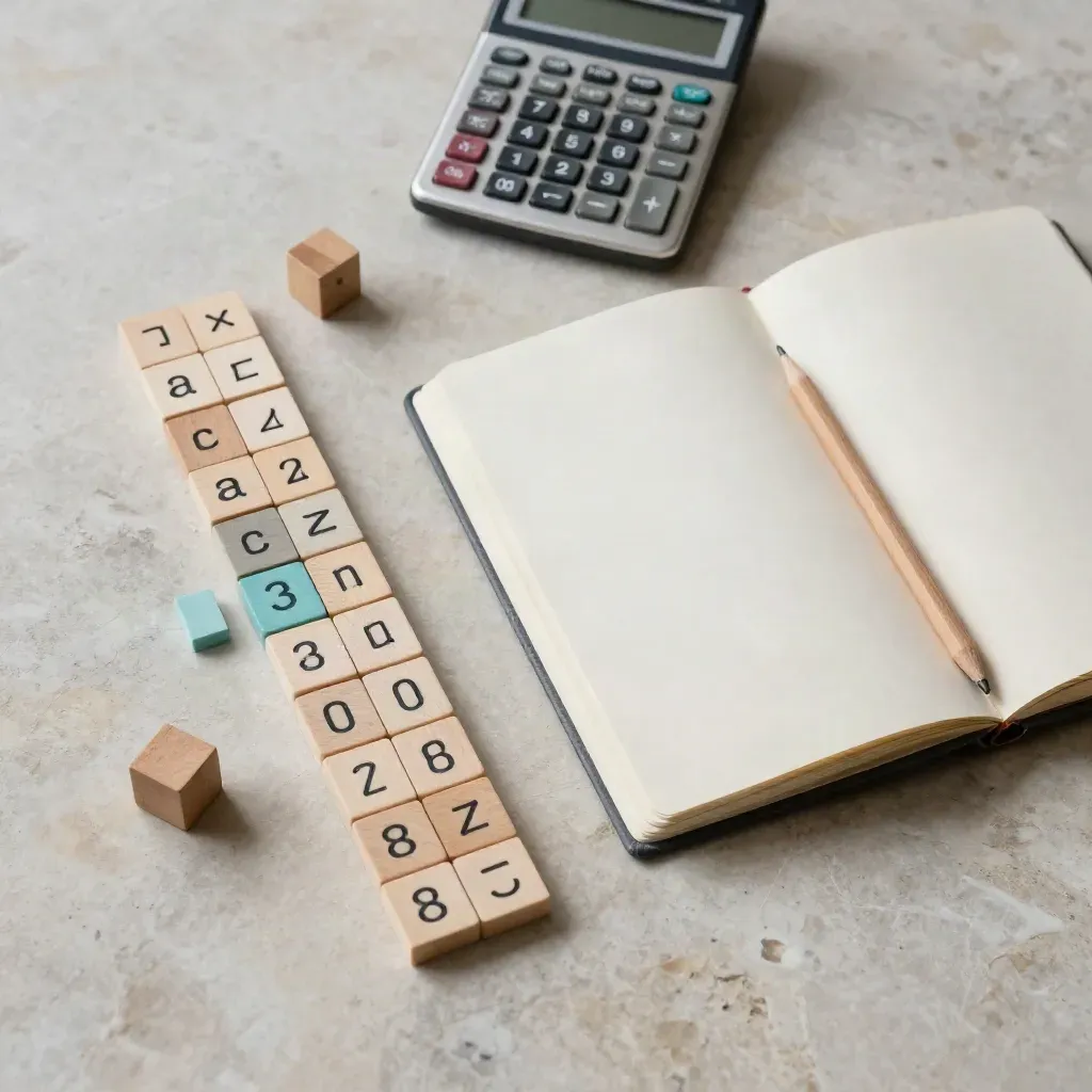 Algebraiczne klocki, kalkulator i zeszyt na jasnym kamieniu w spokojnym świetle dziennym.
