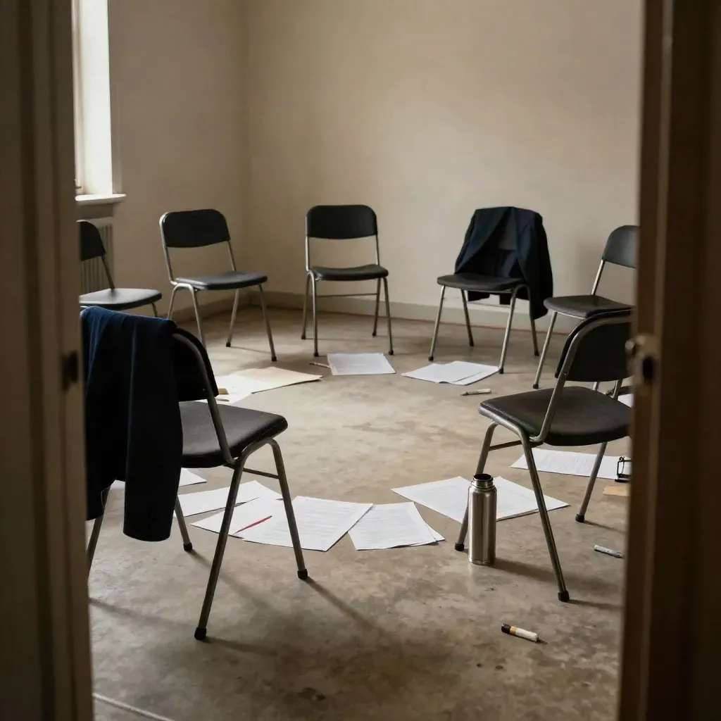 Puste krzesła i papierowe pakiety po warsztatach, ujęcie z progu.