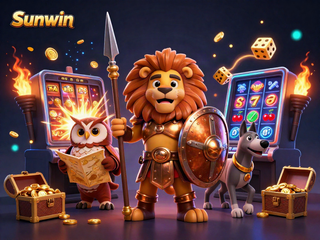 Experience thrilling wins at Sunwin with a vibrant, packed 3D casino scene featuring iconic gaming elements.