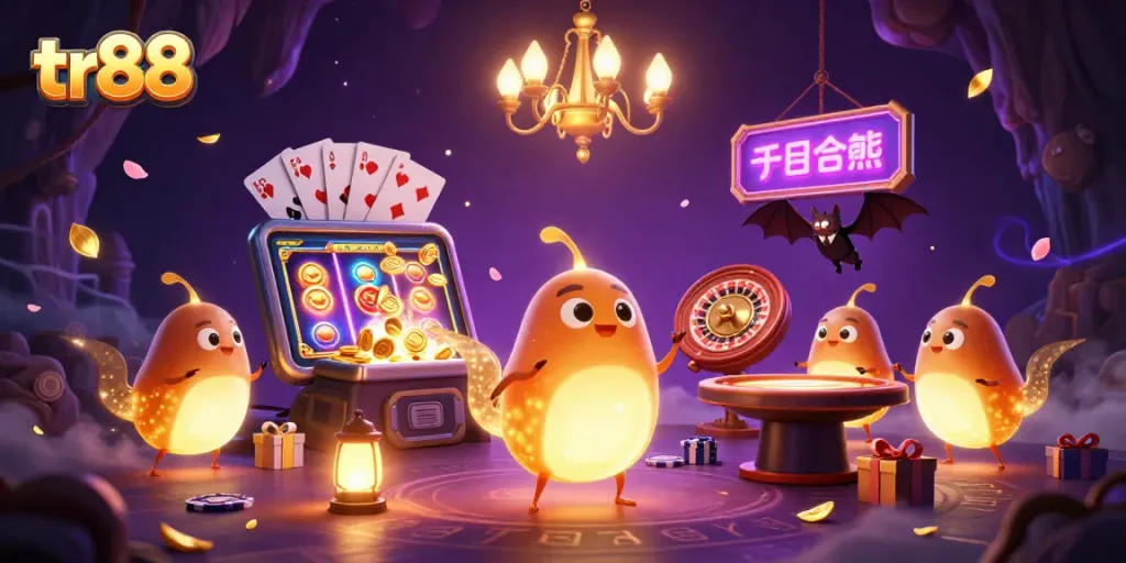 Experience the vibrant aura of tr88 in this lively casino scene with glowing characters and dynamic game elements.