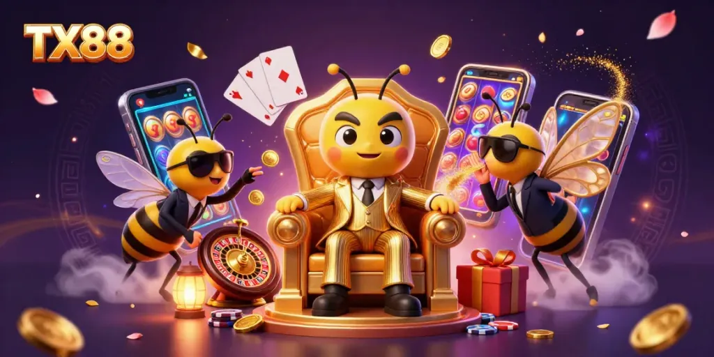 Join the excitement at TX88 with vibrant casino elements and characters in a dynamic scene.