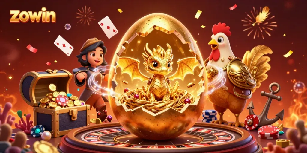 Zowin casino scene featuring a golden dragon and poker chips amidst a dynamic roulette backdrop, evoking excitement.