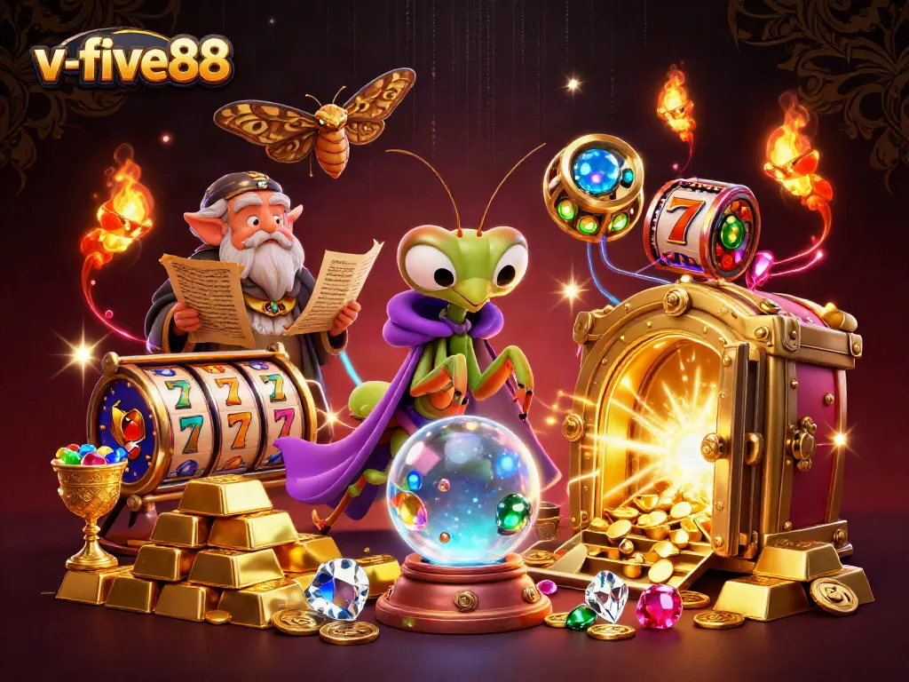 Experience the excitement of casino gaming with v-five88's vibrant slot scene featuring rich treasures and mystical characters.