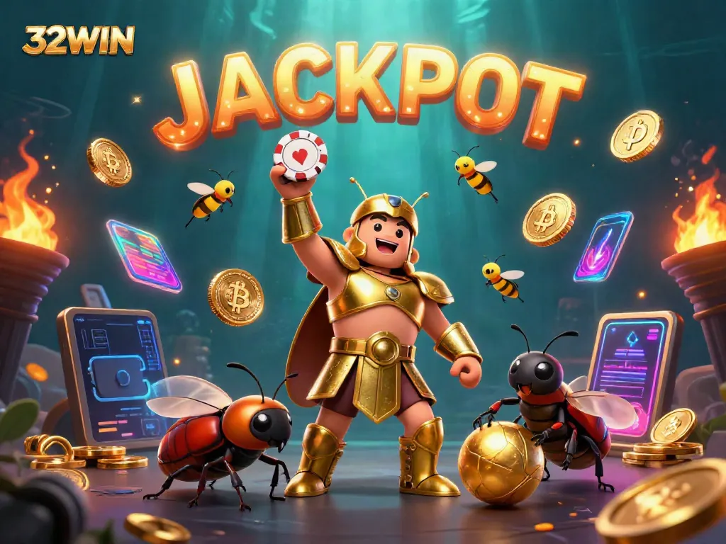 Experience thrilling gameplay with 32WIN showcasing victory with colorful 3D characters and crypto elements.