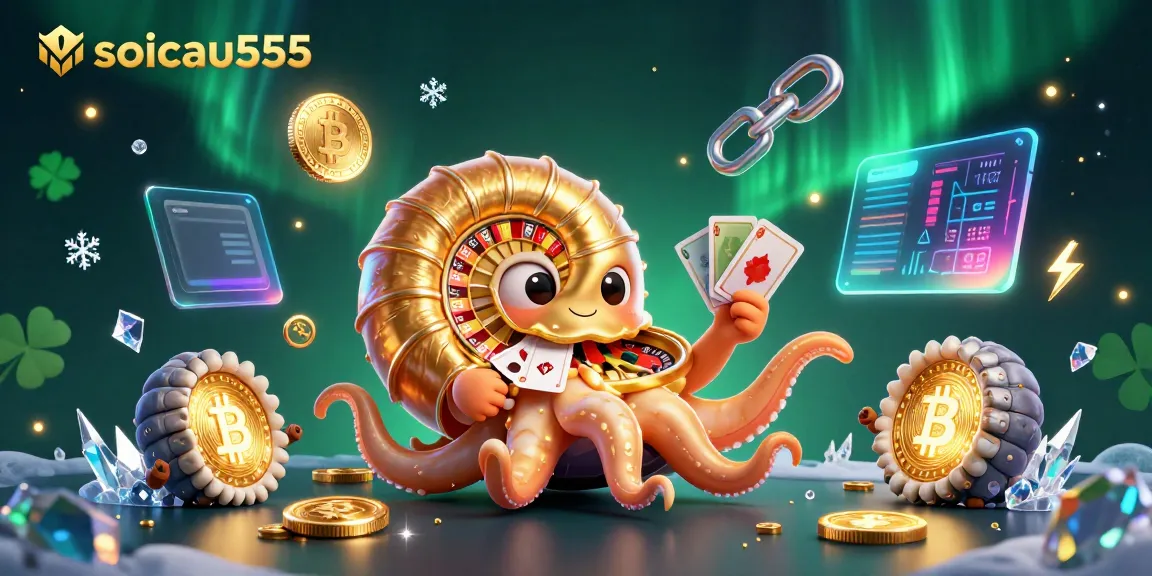Experience thrilling gameplay with soicau555, featuring a vibrant 3D nautilus roulette surrounded by crypto elements.