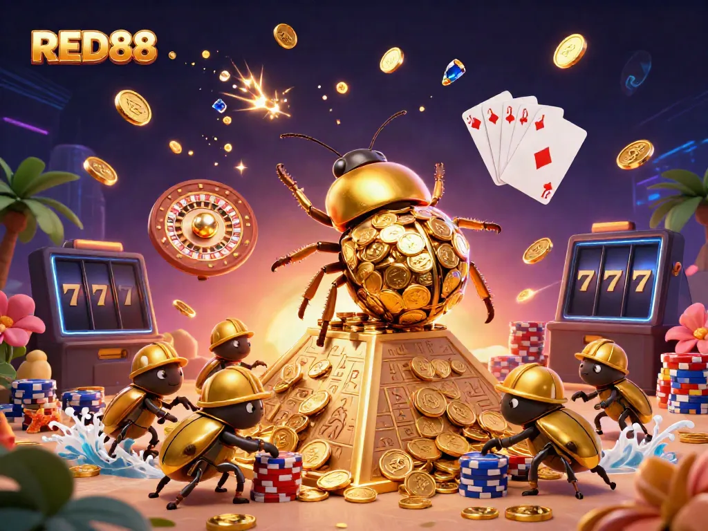 Experience the thrill of winning at RED88, featuring vibrant casino elements and golden treasures.