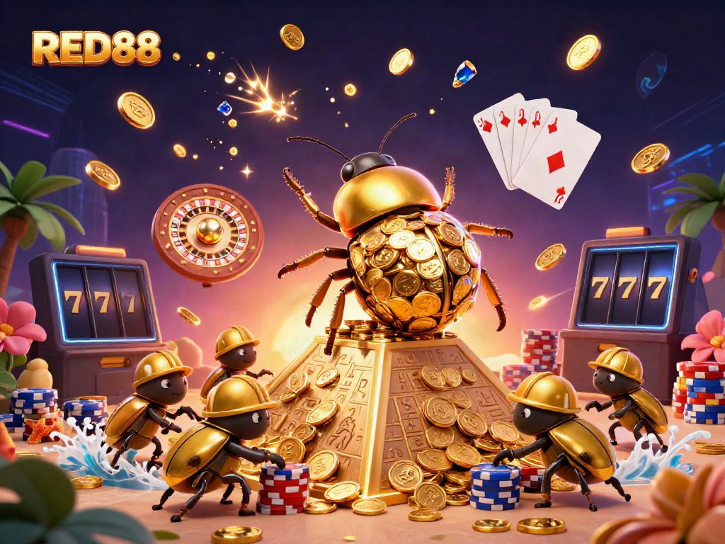 Experience the thrill of winning at RED88, featuring vibrant casino elements and golden treasures.