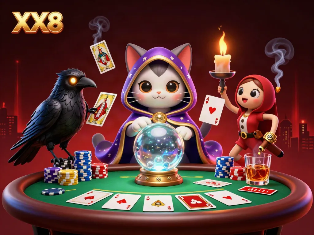 Engage with its XX8 poker scene featuring mystical characters, poker chips, and dramatic lighting.