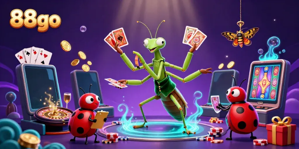 Engage in vibrant casino action with the 88go giant praying mantis, ladybug boss, and gold coins.