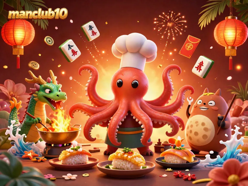 Experience betting excitement with manclub10 in a vibrant 3D illustration showcasing unique casino elements and characters.