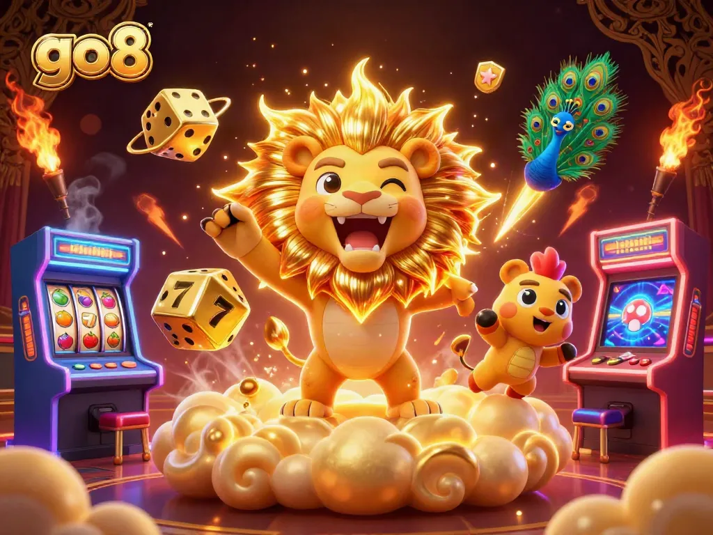 Unlock exciting wins with go8 as a cartoon sun lion roars amidst casino adventures and vibrant game elements.