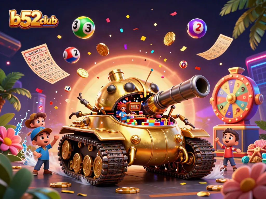 Experience the excitement of the b52club casino in a vibrant 3D illustration featuring dynamic gambling elements.