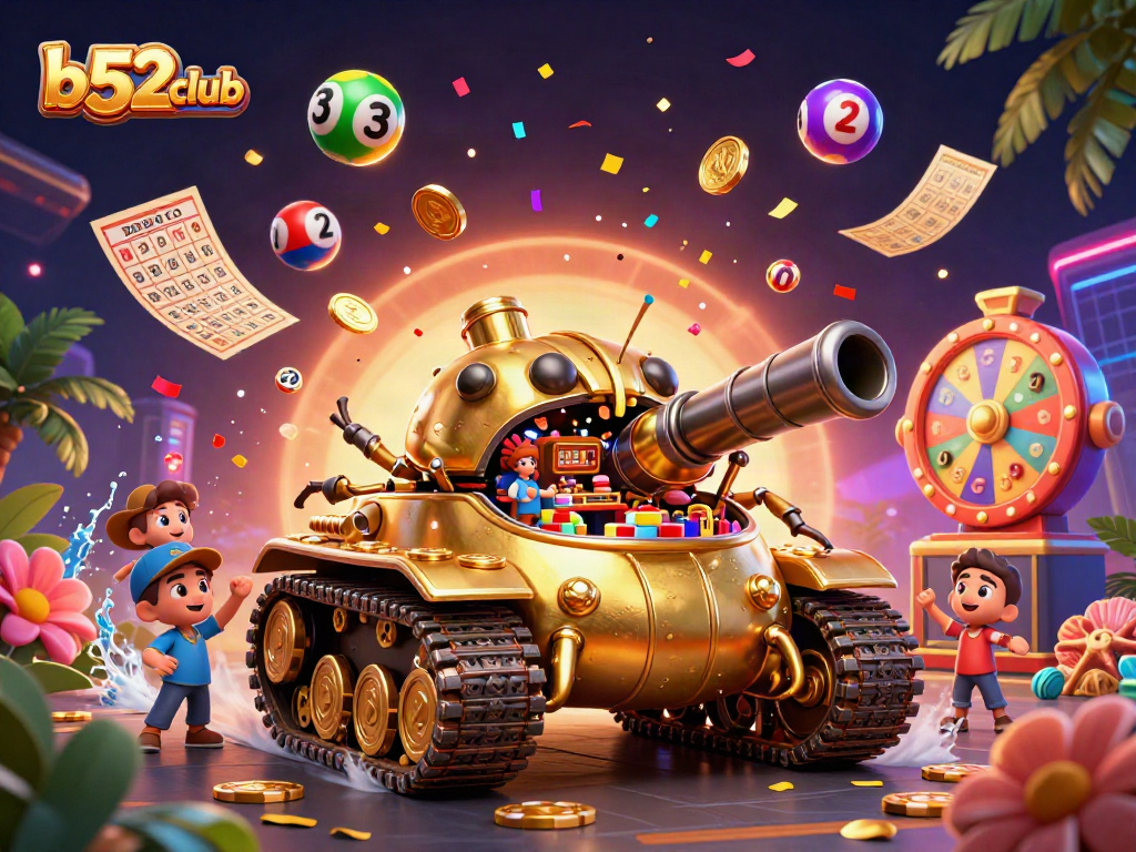 Experience the excitement of the b52club casino in a vibrant 3D illustration featuring dynamic gambling elements.