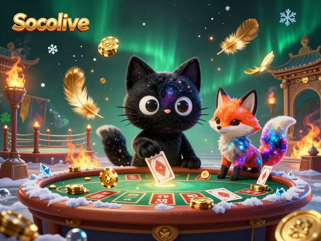 Socolive showcases a vibrant cosmic casino scene featuring a black hole cat and a nebula fox among swirling chips and cards.