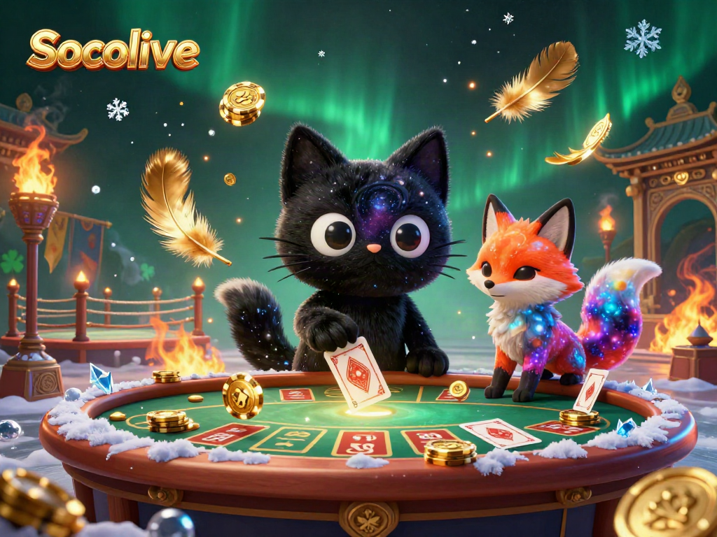 Socolive showcases a vibrant cosmic casino scene featuring a black hole cat and a nebula fox among swirling chips and cards.
