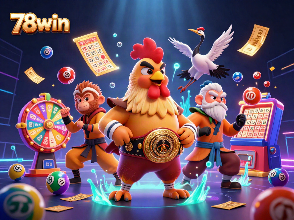 Engage with the vibrant energy of 78win casino, showcasing a Muay Thai rooster and lottery excitement.