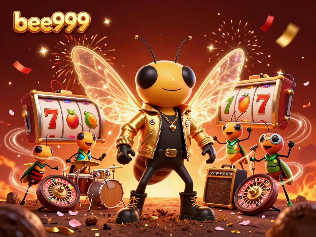 Play with excitement at bee999, featuring a dynamic scene of a cicada rock star and a lively casino atmosphere.