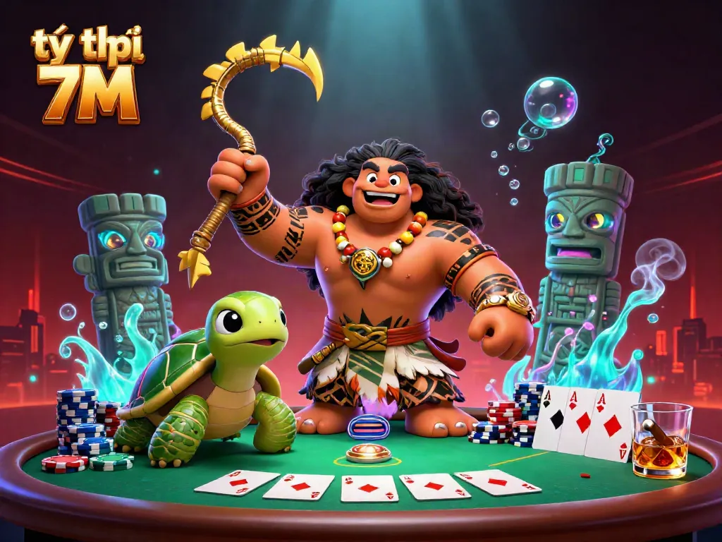 Engage with tỷ lệ 7M as a vibrant hawk and turtle bet on poker at an extravagant casino scene.