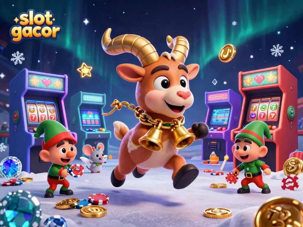 Engage with slot gacor excitement in a spooky casino scene featuring Krampus and playful characters.