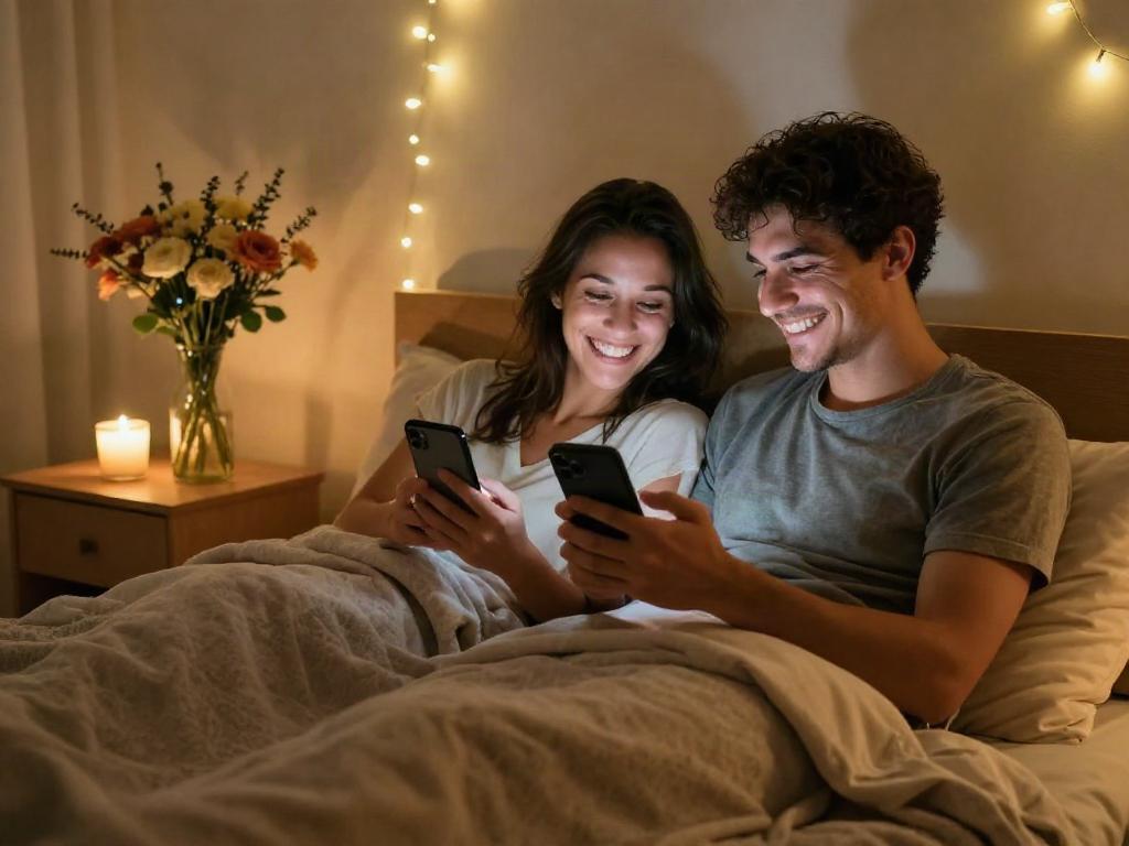 Couple enjoying playful ai sexting in a cozy evening setting, creating an intimate atmosphere.