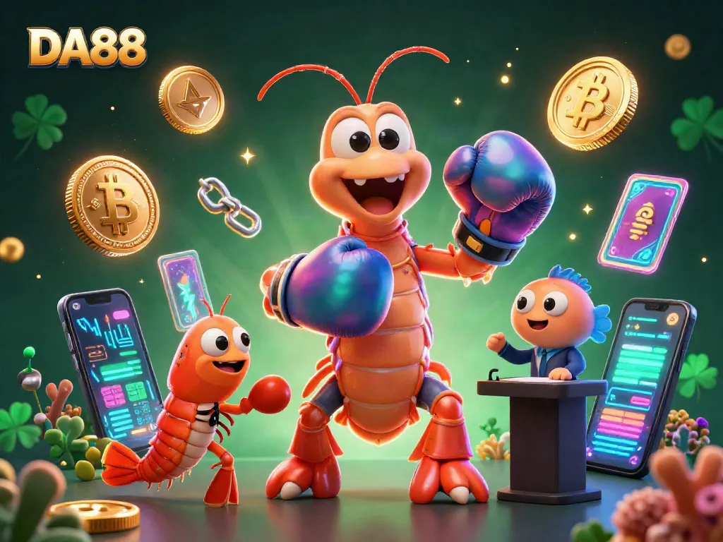 Bet big with DA88's dynamic casino scene, showcasing vibrant crypto elements and lively characters.