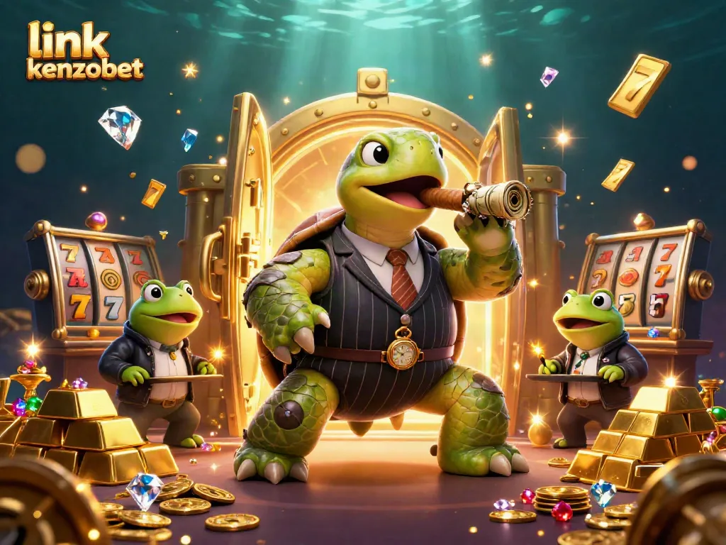 Experience thrilling gameplay with link kenzobet through an exciting casino scene filled with slot reels and treasure.