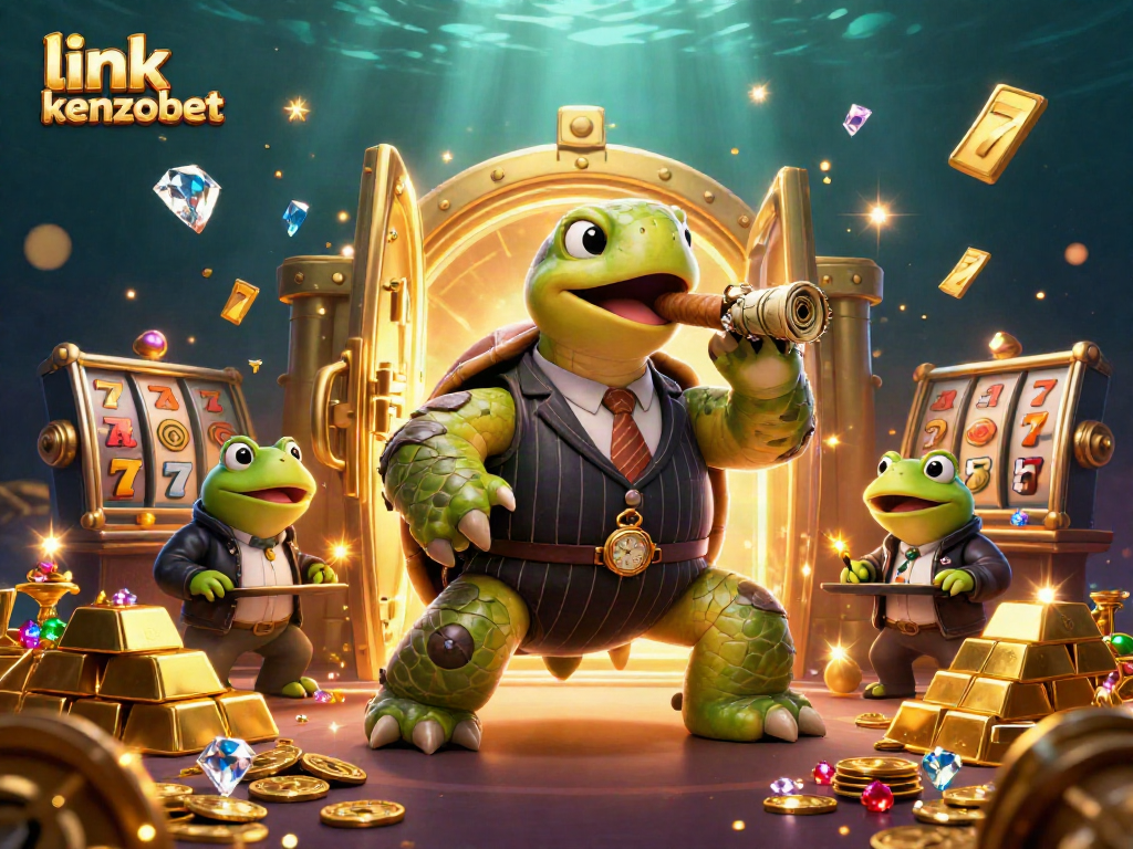 Experience thrilling gameplay with link kenzobet through an exciting casino scene filled with slot reels and treasure.
