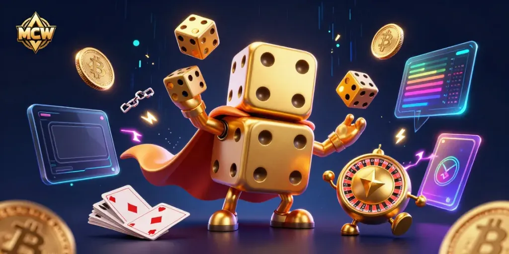 Experience excitement with MCW's 3D casino scene featuring a golden dice golem and crypto elements.