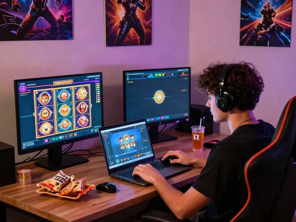Engaged player at a situs gacor gaming setup with colorful slot displays and snacks.