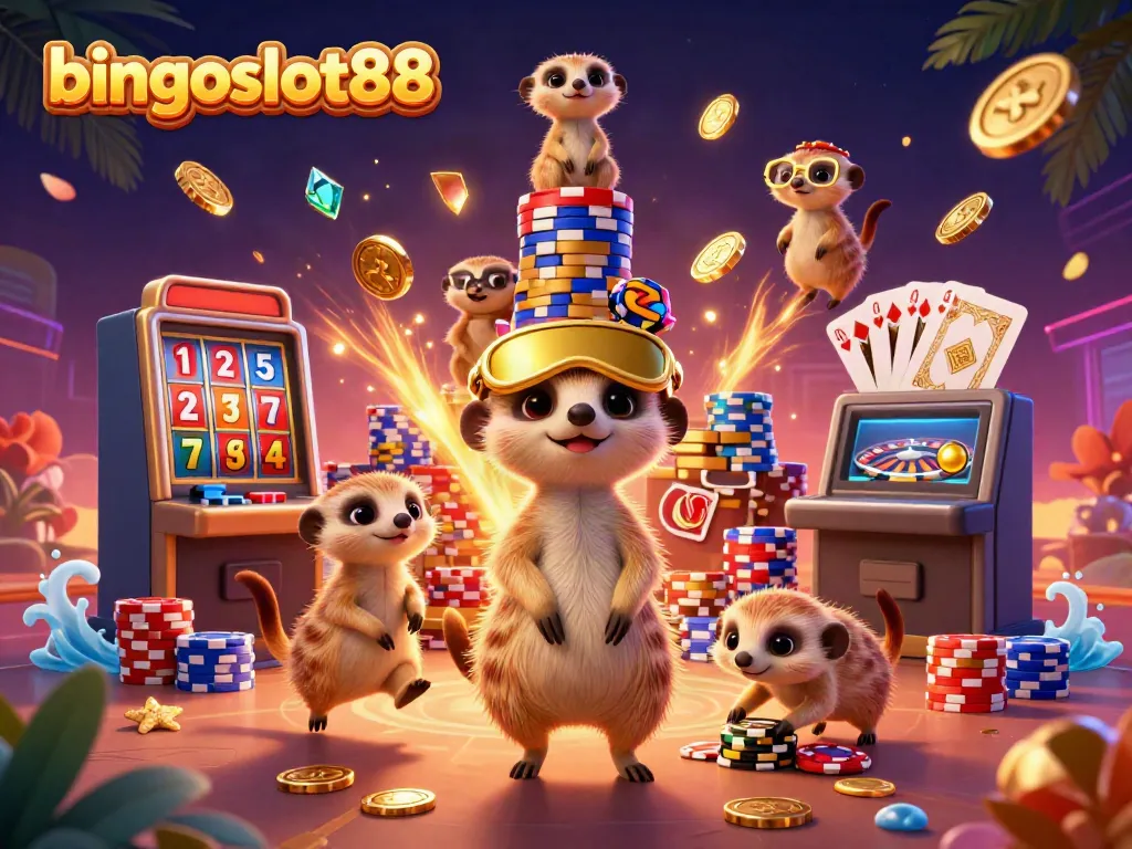 Hasilkan keseruan bingoslot88 dengan meerkat di kasino, dikelilingi koin emas dan permata berkilau.