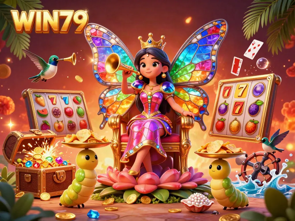 WIN79 slots gaming scene with a butterfly queen, treasure chests, and vibrant elements