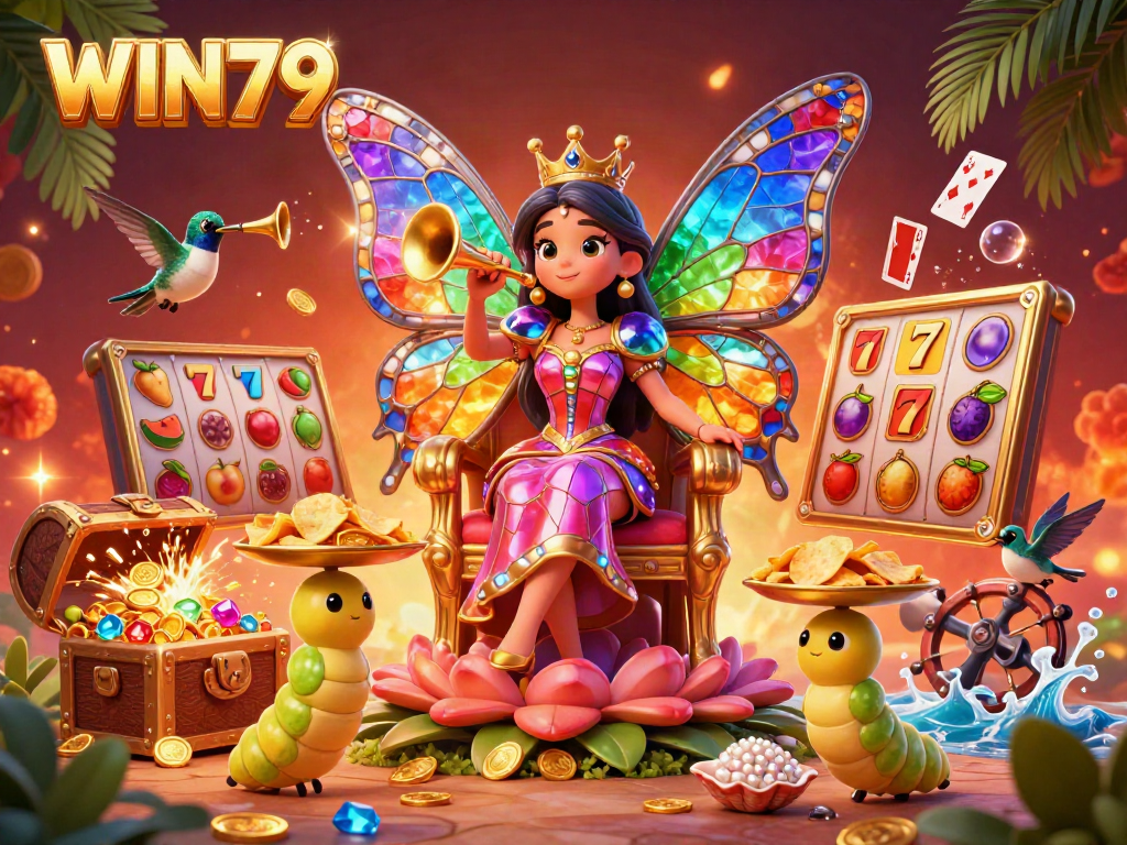 WIN79 slots gaming scene with a butterfly queen, treasure chests, and vibrant elements