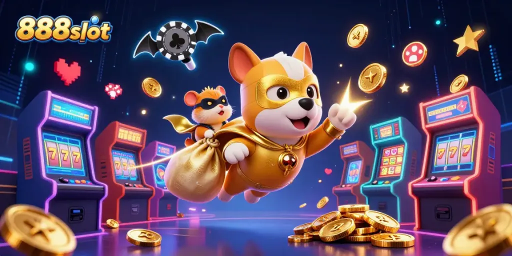 Engage with the dynamic action of 888slot as the superhero dog and sidekick conquer the casino realm.