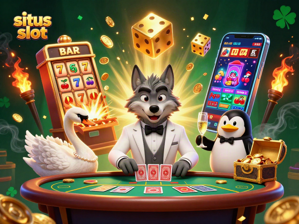 Menggambarkan situs slot dengan jackpot yang meledak, dipimpin oleh serigala debonair di meja baccarat.