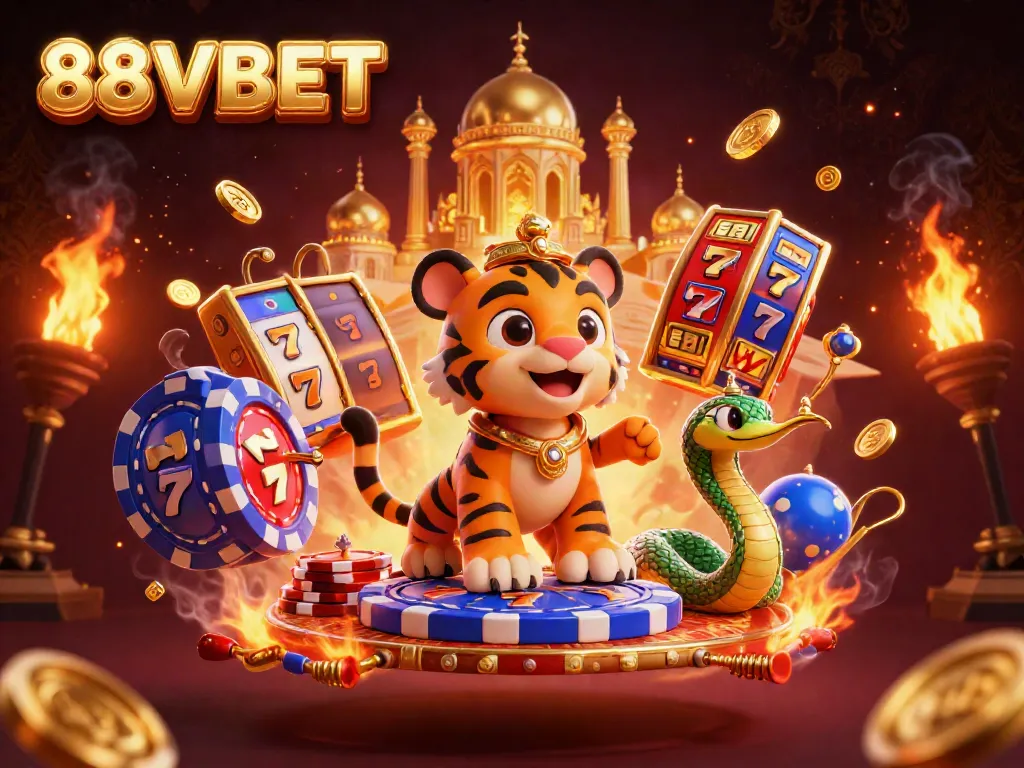 Experience thrilling slots with 88VBET's magical tiger sultan and golden jackpot action in a vibrant casino scene.