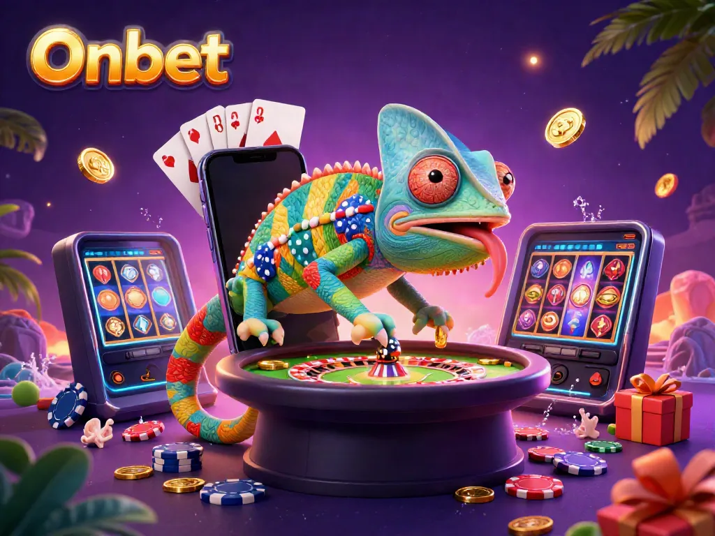 Experience the vibrant world of Onbet with a colorful chameleon casino owner in action.
