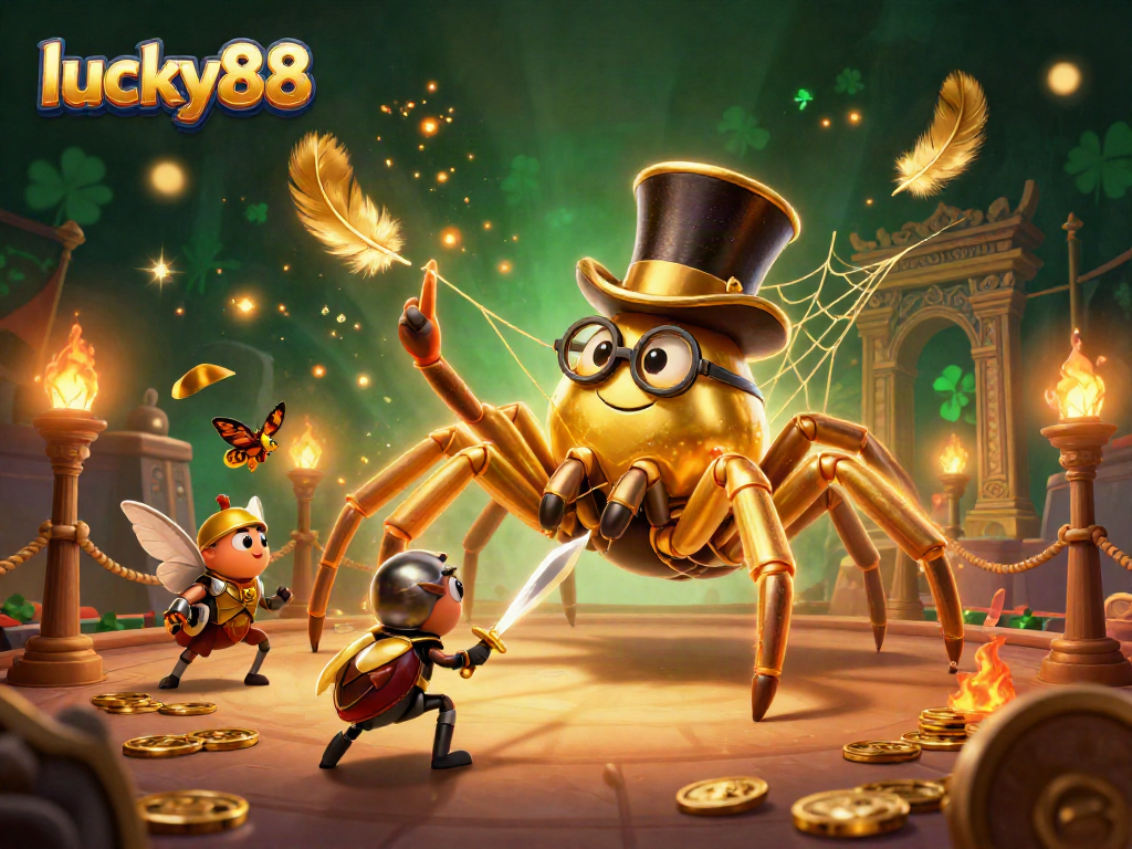 Engage with lucky88's thrilling casino vibe featuring golden characters and lively game elements in a dynamic scene.