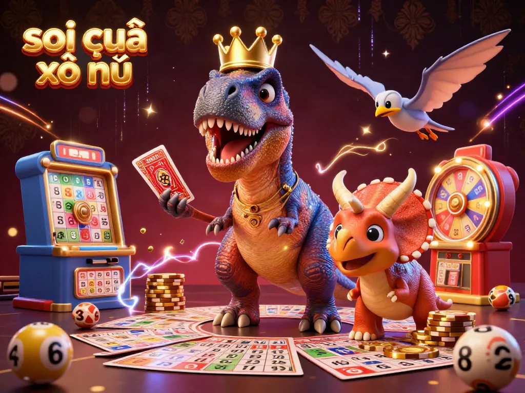 Engaging visual of soi cầu xổ số featuring a T-Rex dealing cards with a pterodactyl helper amid colorful lottery elements.