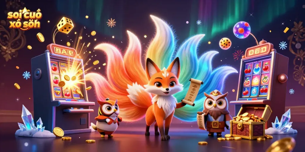 Experience soi cầu xổ số with a vibrant 3D casino scene featuring a magical fox and fortune elements.