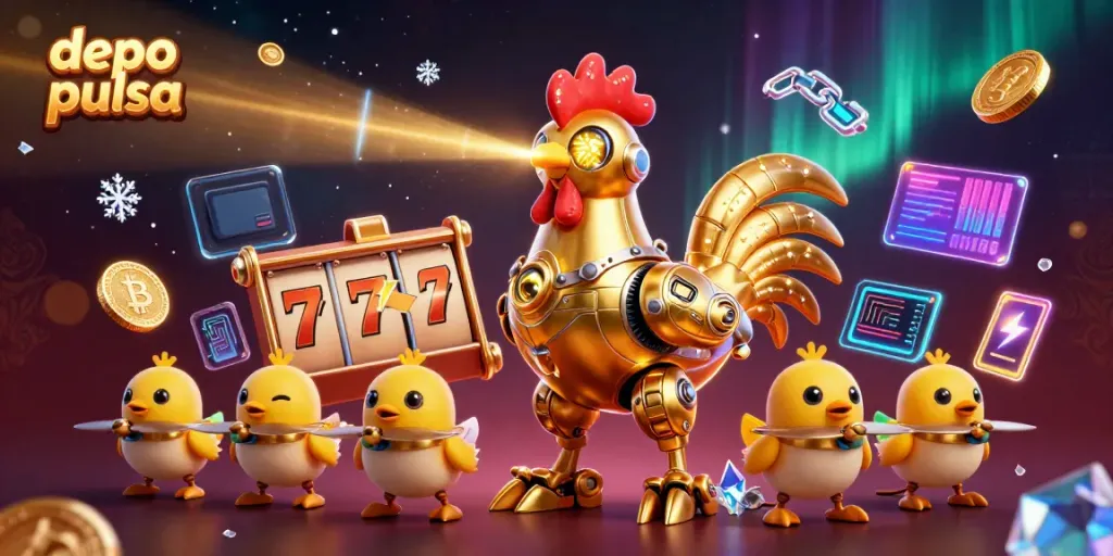 Engage in the thrill of depo pulsa wagering with a golden rooster robot and baby chick drones amidst dynamic slot elements.