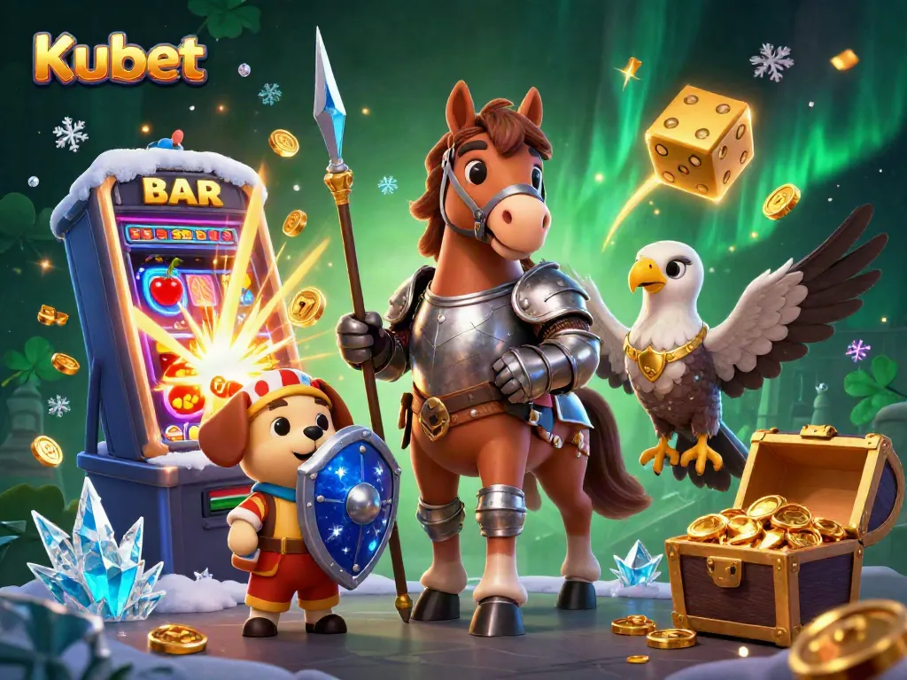 Kubet jackpot scene with medieval knight, squire puppy, and falcon celebrating wins and bonuses.