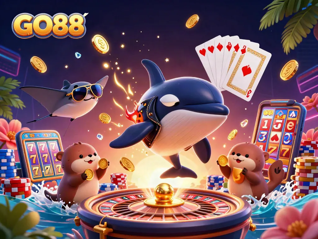 Experience the excitement of GO88 with a dynamic gambling scene featuring animated characters and casino elements.