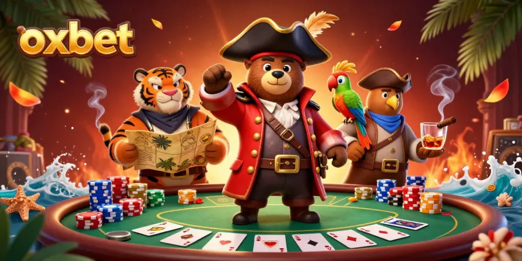 Engage in exciting gaming at oxbet with colorful poker elements, jungle vibes, and characters.