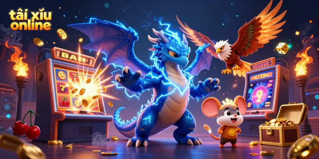 Experience the excitement of tài xỉu online with dynamic 3D characters and casino elements bursting in action.