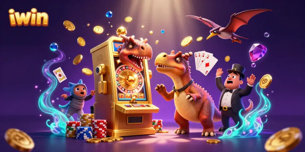 iwin casino illustration with a pachycephalosaurus hitting a slot machine, amidst gold coins and cards.
