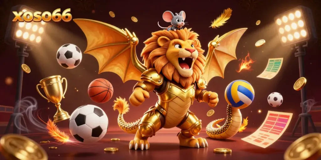 xoso66 players celebrating victories with golden trophies and vibrant sports elements.