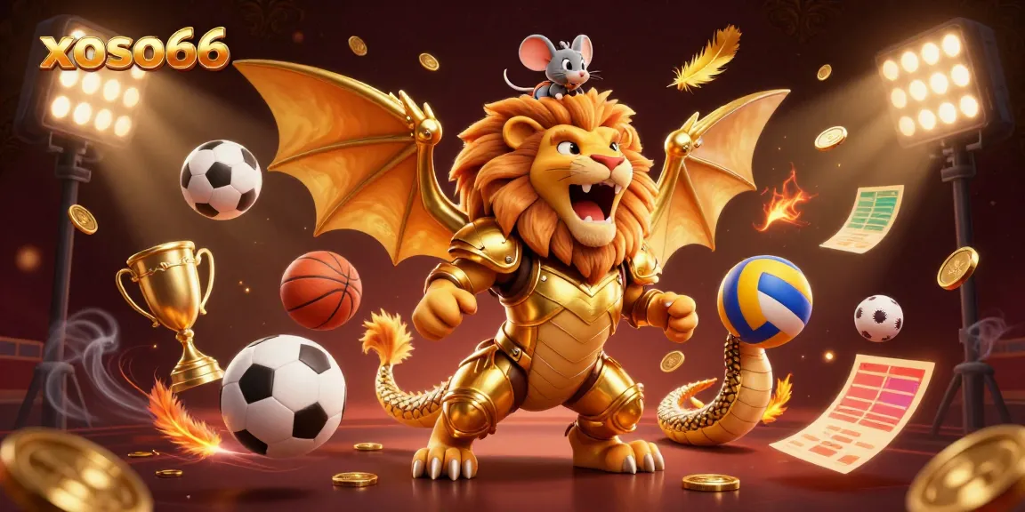 xoso66 players celebrating victories with golden trophies and vibrant sports elements.