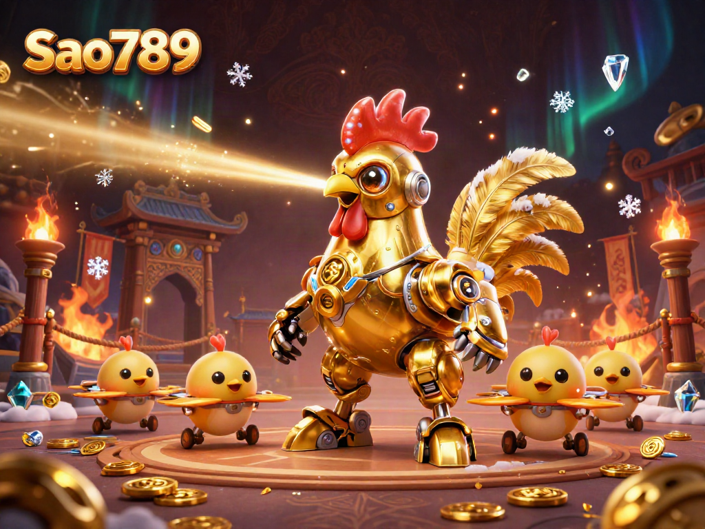Experience the excitement of Sao789 with a dynamic scene of a golden rooster robot and baby chick drones in a vibrant casino setting.
