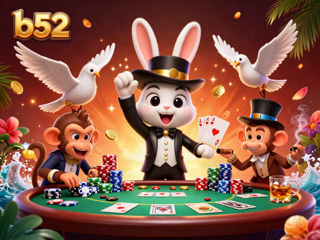 Engaging b52 casino scene with a magician rabbit, glamorous dove, and monkey amidst poker chips and cards.