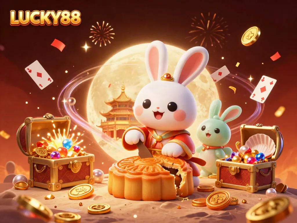 Experience the thrills of LUCKY88 with vibrant casino elements featuring a moon rabbit and more.